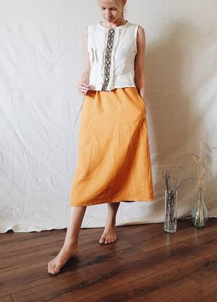 Льняная юбка на резинке с карманами, длина миди2 фото