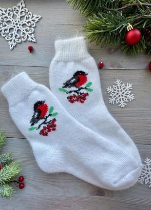 Жіночі новорічні шерстяні шкарпетки теплі зимові носки вівця+ кролик р. 36-40 " білі снігурі"1 фото