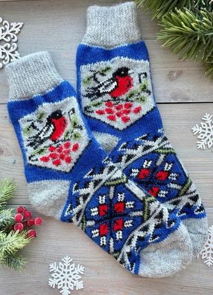 Жіночі шерстяні шкарпетки теплі в'язані носки з овечої шерсті р. 38-41 " снігурі сині"1 фото