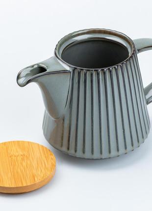 Заварочный чайник 850 мл керамический с бамбуковой крышкой серый3 фото