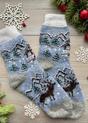 Новорічні жіночі шкарпетки теплі шерстяні носки зимові в‘язані із овечої вовни «лось», р.37-40
