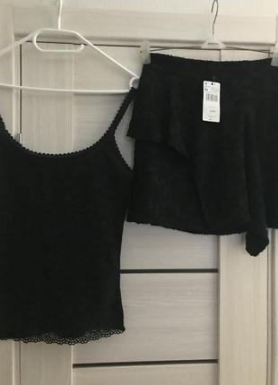 Костюм фактурная юбка mango+ кружевной черный топ майка lingerie р. l