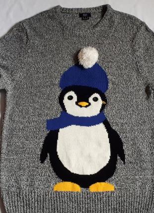 Новогодний рождественский свитер пуловер с пингвином f&f унисекс (размер m)1 фото
