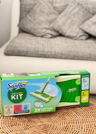 Швабра +8 шт сухих + 3шт влажных салфеток для сухой и влажной уборки swiffer kit mop