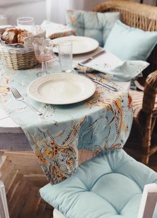 Скатертина-доріжка з бавовни бірюзового кольору з орнаментом. скатертина-раннер. столовий текстиль.3 фото