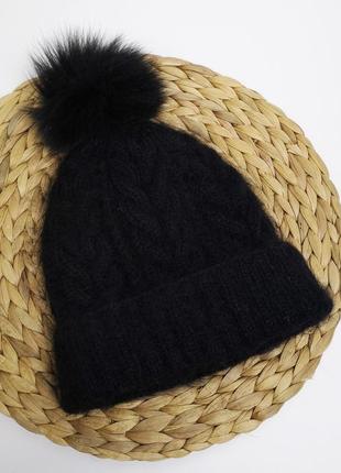 Вязаный набор шапка с бубоном и  варежки теплые пушистые мохер2 фото