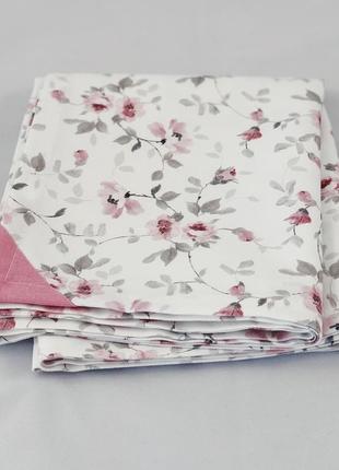 Скатертина з бавовни з рожевими квітами на білому. скатертина-раннер. скатертина-доріжка.2 фото
