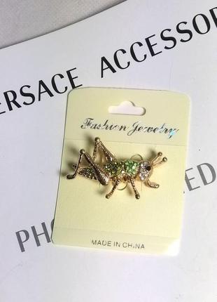 Брошка кузнечик золотая металл камни кристаллы стразы зеленая new fashion1 фото