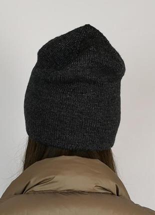 Двойная теплая зима серый графит шапка бини меринос шелк4 фото