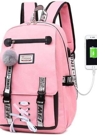 Шкільний рюкзак для дівчинки 12-20 років з usb-портом, кодовим замком, хутряним помпоном рожевий2 фото