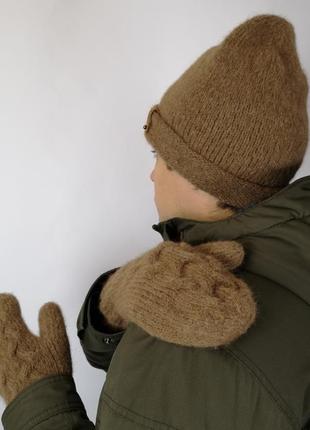 Мужская шапка варежки зимняя теплая серая альпака ручная работа4 фото
