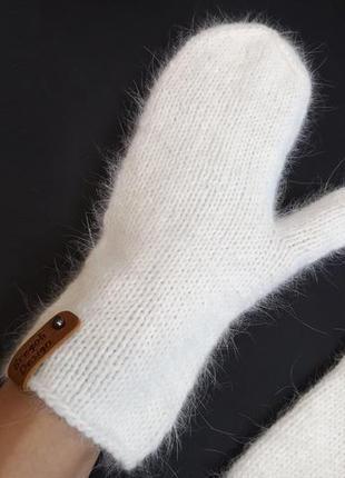 Белые варежки женские вязаные ангора кролик пушистые автоледи