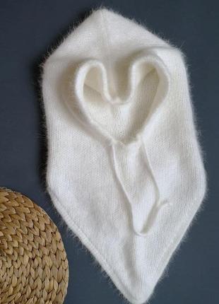 Шарф капюшон балаклава капор вязаная зимняя белая шапка ангора4 фото