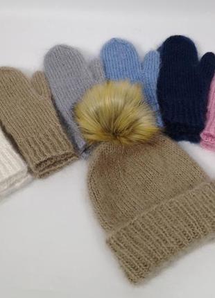 Набор шапка и варежки вязаный теплый пушистый набор мохер зима2 фото