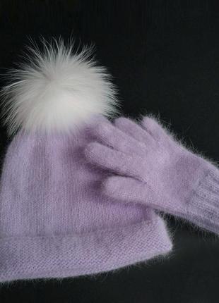 Шапка и перчатки вязаные зимние пушистые1 фото