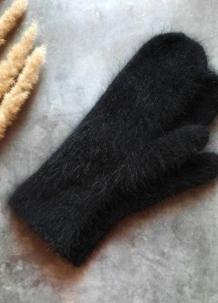 Варежки женские зима теплые черные пушистые ангора кролик
