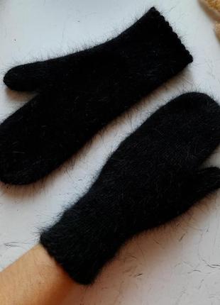 Варежки женские зима теплые черные пушистые ангора кролик