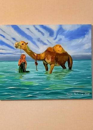Картина маслом " путешествие с верблюдом " /  camel trip   40х50