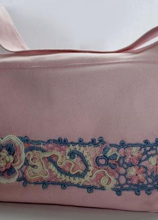 Ніжно-рожева коттоновая сумка з мереживним декором1 фото