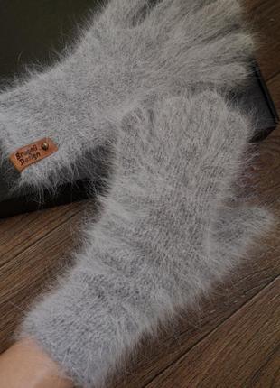 Перчатки женские вязаные серые ангора