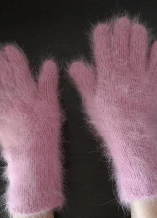Перчатки розовые вязаные ангора кролик зимние теплые1 фото