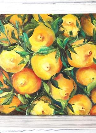 Картина маслом натюрморт с лимонами "сочные лимоны", 30х30 см2 фото