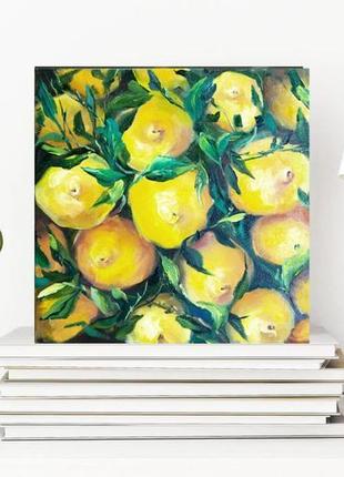 Картина маслом натюрморт с лимонами "сочные лимоны", 30х30 см9 фото