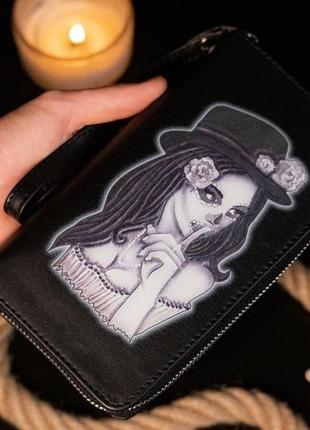 Черный женский кожаный кошелек на молнии santa muerte1 фото