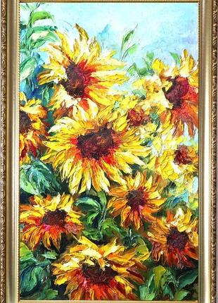 Картина живопис квіти в рамі "українські соняшники", олія, полотно, 50х30 см2 фото