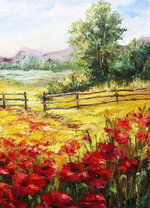 Картина пейзаж живопис в рамі "поле з маками", олія, полотно, 45х60 см5 фото