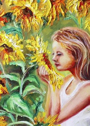 Маленькая картина маслом в раме цветы "девочка с подсолнухом", 20х15 см.6 фото
