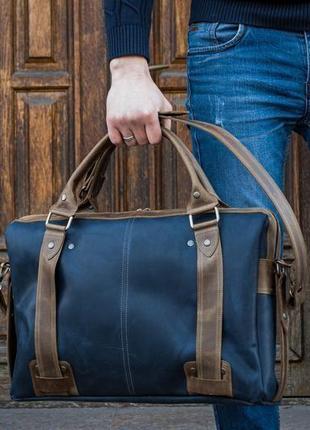 Мужская кожаная сумка, синий портфель для ноутбука7 фото