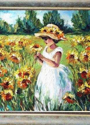 Маленька картина маслом в рамі пейзаж з квітами "дівчинка з соняшниками" 21х21 см