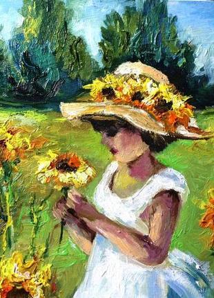 Маленькая картина маслом в раме пейзаж с  цветами "девочка с подсолнухами" 21х21 см8 фото
