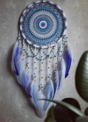 Эко-ловец снов ручной работы "ассоль" с перьями и бисерными нитями. диаметр 22 см6 фото
