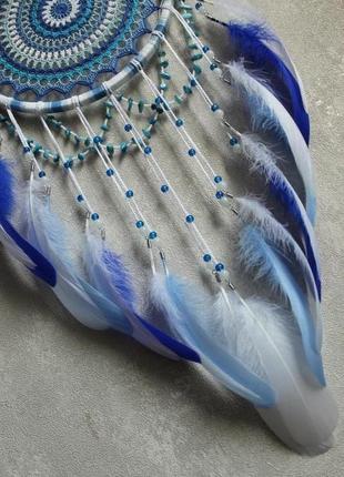 Эко-ловец снов ручной работы "ассоль" с перьями и бисерными нитями. диаметр 22 см2 фото