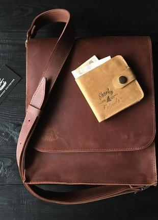 Кожаная мужская сумка на плечо, коричневая кроссбоди6 фото