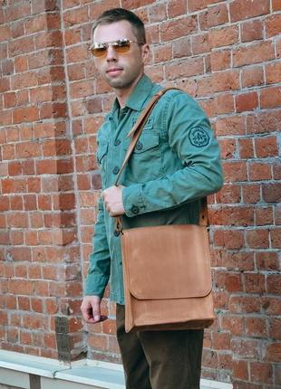 Мужская коричневая сумка планшетка, кожаная сумка через плечо5 фото