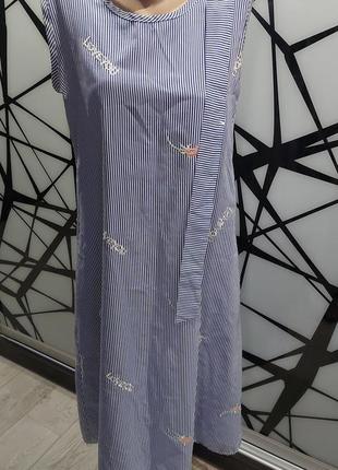 Платье миди в синюю полоску с вышивкой 42-464 фото