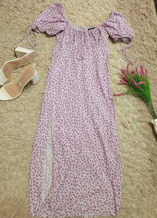 Лавандова жіноча літня сукня міді з розрізом5 фото