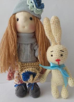 Текстильная интерьерная кукла анастасия и заяц степан2 фото