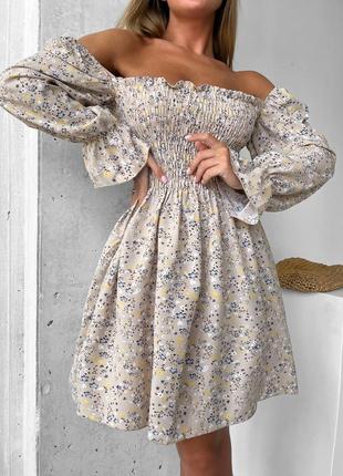 Красивое платье в цветочный принт с открытыми плечами и длинными рукавами 🔥2 фото