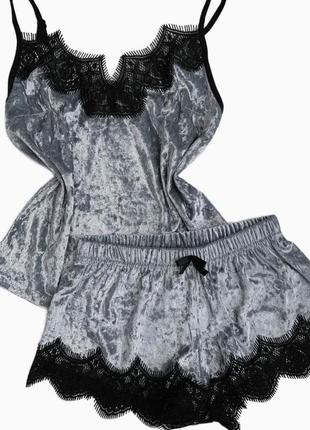 Жіночий комплект майка та шорти, хатній одяг, піжама з мармурового велюру сіра s1 фото