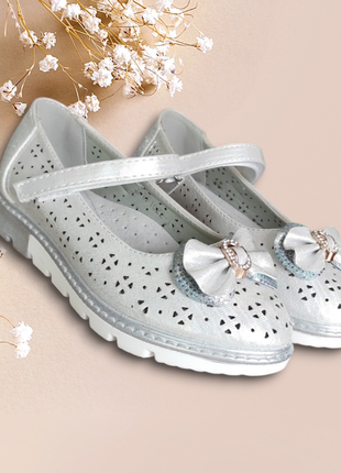 Белые, серебро туфли для девочки на платформе
