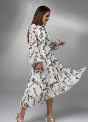 Бело-оливковое принтованное платье из шифона , шифон/полиэстер, повседневный2 фото