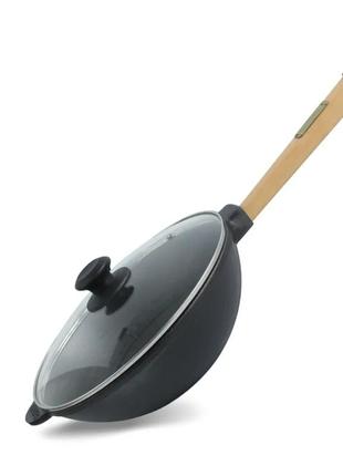 Сковорода чугунная с деревянной ручкой и стеклянной крышкой wok brizoll 2,2 л 240х70 мм
