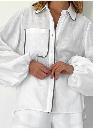 Костюм льняной легкий летний женский из натуральной ткани льна рубашка шорты3 фото