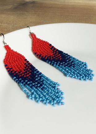 Червоно-сині сережки з бисеру з бахромою6 фото