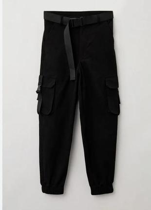 Черные штаны карго с карманами высокая посадка льняные