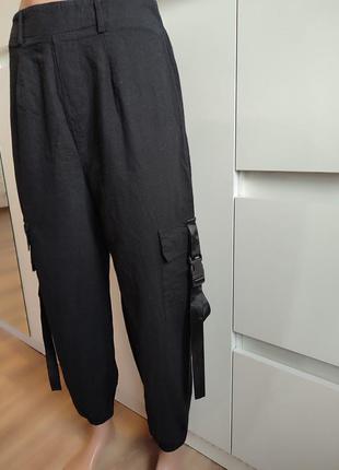 Черные штаны карго с карманами высокая посадка льняные3 фото